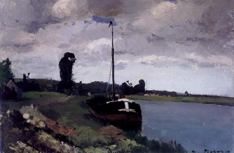 Camille Pissarro River landscape with boat Paysage fluviale avec bateau pres de Pontoise Spain oil painting art